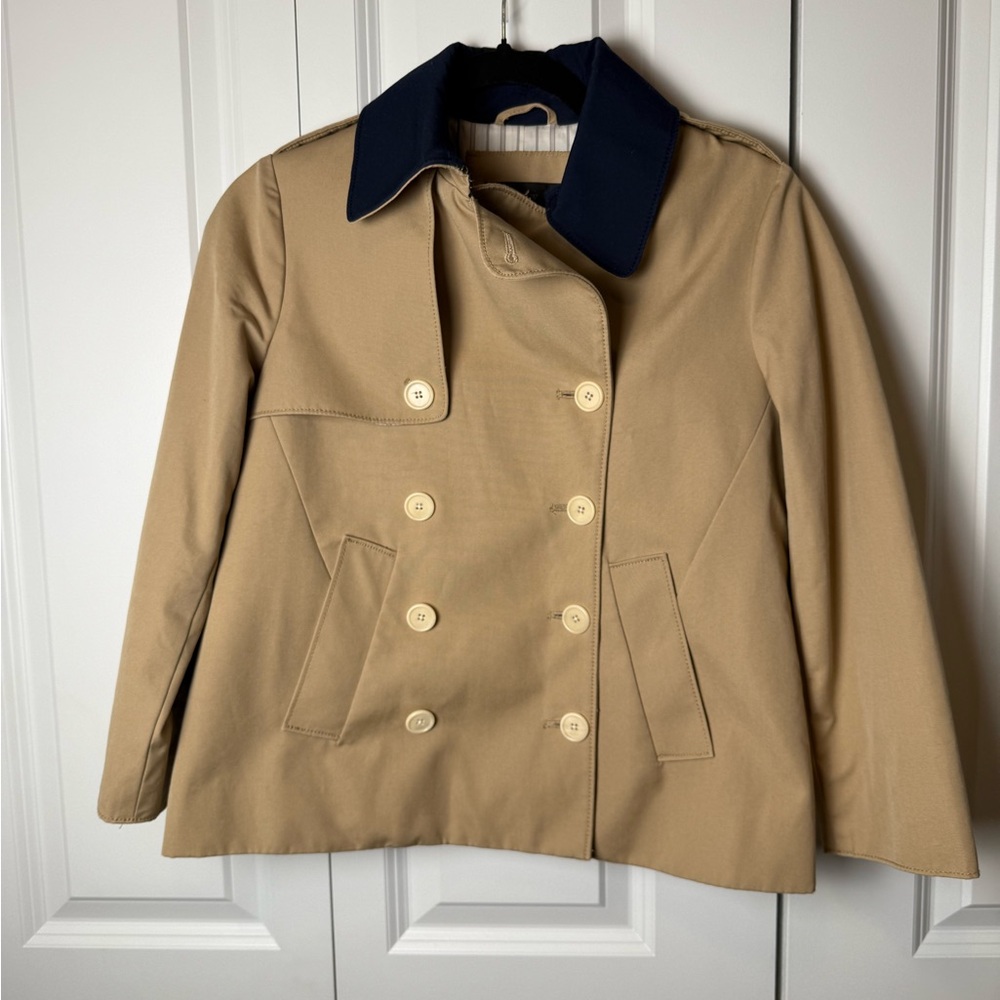 J. Crew Tan Double-Breasted Jacket with Navy Collar